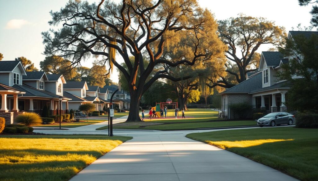 A bustling suburban neighborhood, captured through the lens of a wide-angle camera. In the foreground, a well-maintained sidewalk leads the eye towards a diverse array of homes, each with its own unique architectural style and landscaping. The middle ground showcases a lively community park, complete with a children's playground and a group of neighbors engaged in a friendly pickup game of basketball. In the background, towering oak trees sway gently in the warm afternoon sunlight, casting dappled shadows across the scene. The overall atmosphere conveys a sense of tranquility, community, and the perfect balance of urban and natural elements that a prospective homebuyer might seek in an ideal neighborhood.
