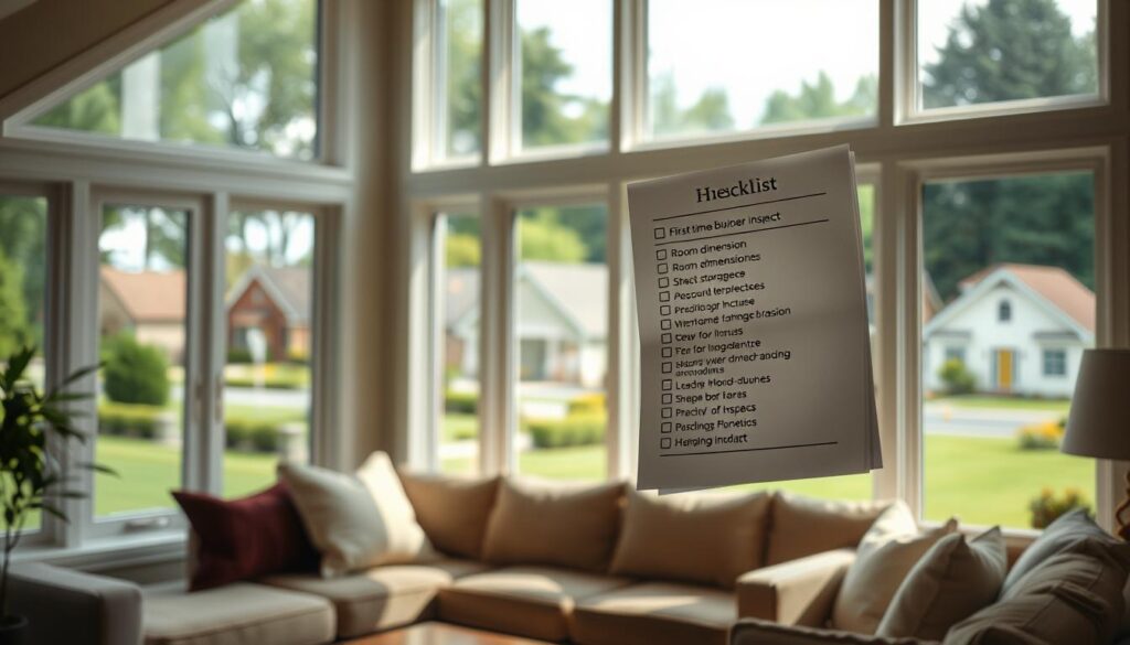 A cozy living room with large windows overlooking a picturesque suburban neighborhood. In the foreground, a well-organized checklist hovers in midair, its pages flipping gently as if guided by an unseen hand. The checklist highlights key details to inspect during a home viewing - room dimensions, storage space, window conditions, and more. Soft, diffused lighting creates a warm, inviting atmosphere, encouraging the viewer to imagine themselves carefully evaluating a potential new home. In the background, a few neatly arranged houses sit nestled among lush greenery, their architectural features and landscaping visible through the windows. An air of thoughtful consideration pervades the scene, reflecting the careful decision-making process of a first-time homebuyer.
