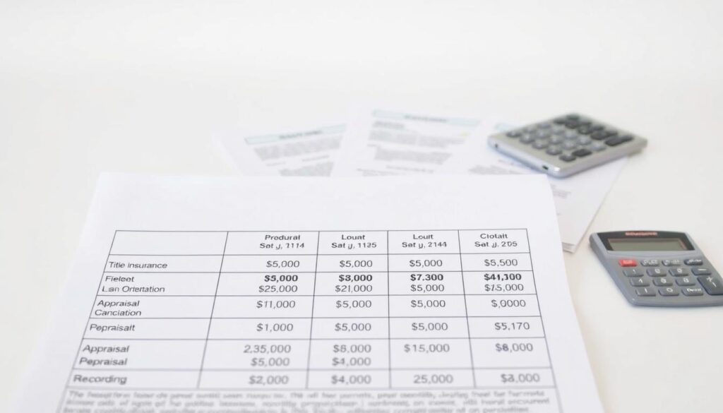 A detailed breakdown of closing costs for a residential real estate transaction, presented against a clean, minimalist backdrop. In the foreground, a neatly organized table outlines the various fees and their respective amounts, such as title insurance, loan origination, appraisal, and recording. The middle ground showcases relevant financial documents and a calculator, conveying the meticulous nature of the process. The background maintains a soft, muted tone, allowing the core information to take center stage. The overall composition is balanced, with a professional, informative atmosphere that aligns with the subject matter of "Closing Costs and Fees Explained". A detailed breakdown of closing costs for a residential real estate transaction, presented against a clean, minimalist backdrop. In the foreground, a neatly organized table outlines the various fees and their respective amounts, such as title insurance, loan origination, appraisal, and recording. The middle ground showcases relevant financial documents and a calculator, conveying the meticulous nature of the process. The background maintains a soft, muted tone, allowing the core information to take center stage. The overall composition is balanced, with a professional, informative atmosphere that aligns with the subject matter of "Closing Costs and Fees Explained".