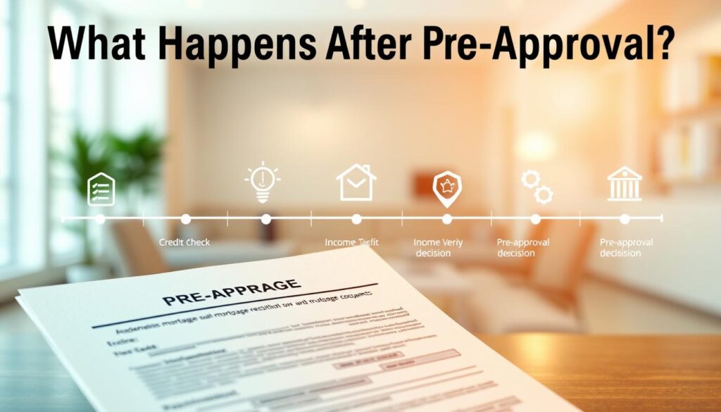 A digitally rendered timeline depicting the key steps in the mortgage pre-approval process. In the foreground, a detailed, realistic illustration of a mortgage document, highlighted by warm, natural lighting. In the middle ground, a series of icons and timeline elements illustrating the various stages, such as credit check, income verification, and pre-approval decision. The background features a blurred, clean, minimalist office environment, creating a professional, financial atmosphere. The overall scene conveys a sense of progress, transparency, and organization, reflecting the informative nature of the "What Happens After Pre-Approval?" section.