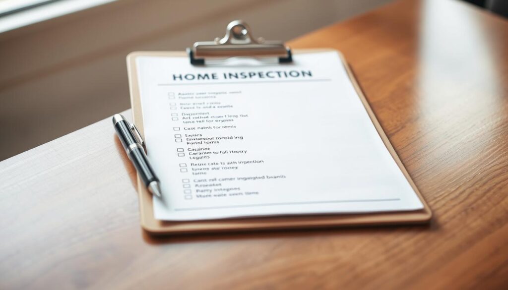 A high-quality, detailed image of a home inspection checklist, showcasing a neatly organized list of items to be examined during a thorough home inspection. The checklist is presented on a clean, neutral-toned clipboard, with a professional-looking pen resting beside it. The clipboard is positioned on a wooden surface, with a subtle background blurred to focus attention on the checklist. Soft, natural lighting illuminates the scene, creating a sense of professionalism and attention to detail. The overall composition and styling convey a sense of order, diligence, and the importance of the home inspection process. A high-quality, detailed image of a home inspection checklist, showcasing a neatly organized list of items to be examined during a thorough home inspection. The checklist is presented on a clean, neutral-toned clipboard, with a professional-looking pen resting beside it. The clipboard is positioned on a wooden surface, with a subtle background blurred to focus attention on the checklist. Soft, natural lighting illuminates the scene, creating a sense of professionalism and attention to detail. The overall composition and styling convey a sense of order, diligence, and the importance of the home inspection process.