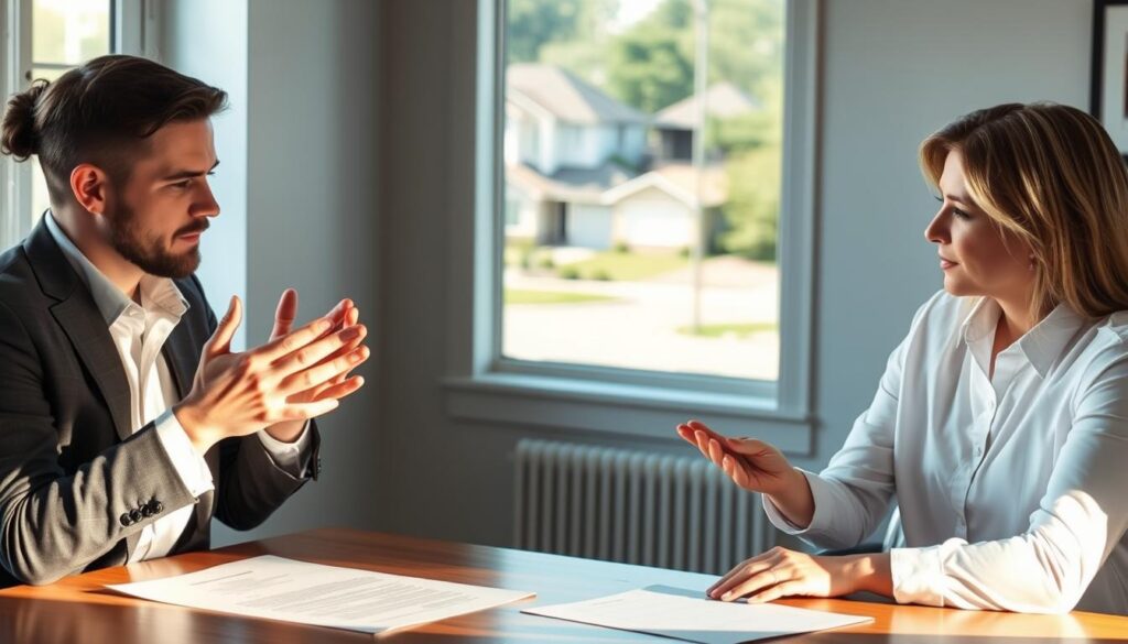 A real estate agent and a home buyer sit at a desk, engaging in a serious discussion. The agent gestures with hands, explaining a counter-offer. Soft natural lighting illuminates their faces, conveying the gravity of the situation. The buyer listens intently, brow furrowed in contemplation. In the background, a window frames a view of a suburban neighborhood, hinting at the broader context of the home-buying process. The scene evokes the tension and careful negotiation required when handling counteroffers during a real estate transaction.