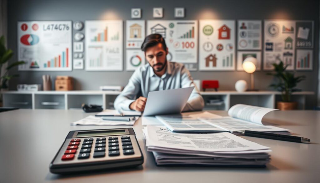 A well-lit, high-resolution image showcasing the key criteria mortgage lenders evaluate when assessing loan applications. In the foreground, a mortgage calculator, loan application forms, and financial documents are neatly arranged on a modern, minimalist desk. In the middle ground, a mortgage lender reviews these materials, their expression focused and thoughtful. The background features a wall of mortgage-related iconography, including interest rate charts, home value graphs, and credit score indicators, creating a sense of the comprehensive evaluation process. The overall tone is professional, analytical, and informative, conveying the meticulous nature of the mortgage lending criteria.