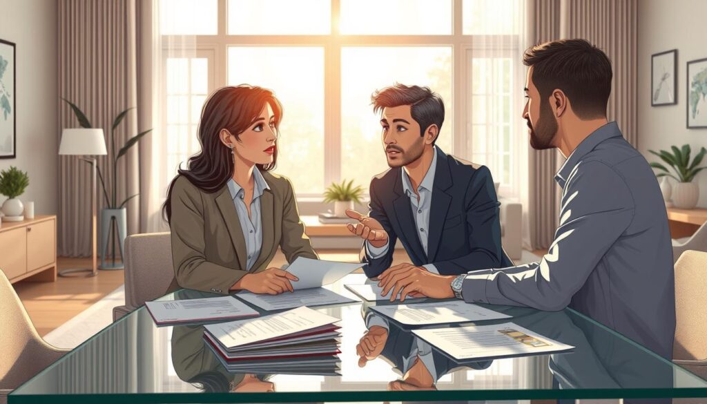a detailed, realistic illustration of a negotiation process for home buying, set in a modern, airy office environment. In the foreground, two people, a home buyer and a real estate agent, sit across a glass table, engaged in a lively discussion, papers and documents spread out between them. The buyer has a thoughtful, focused expression, while the agent gestures animatedly, illustrating a point. Soft natural light filters in through large windows, casting a warm glow on the scene. In the background, the office is tastefully decorated with minimalist furniture and decor, conveying a professional yet welcoming atmosphere. The overall mood is one of productive collaboration and careful consideration of the home buying process.