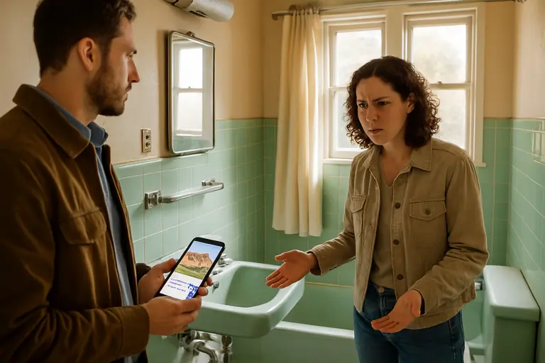 Buyer looking at an older bathroom during a home tour