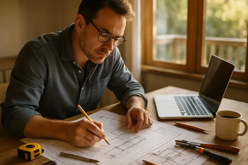 DIY Renovation Planning notes with tape measure, samples, and a pencil on a worktable