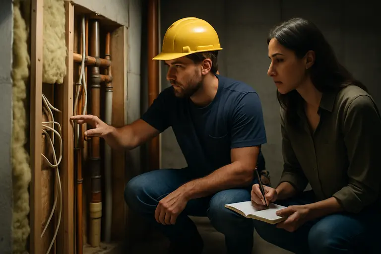 Contractor and homeowner looking at an exterior wall repair area