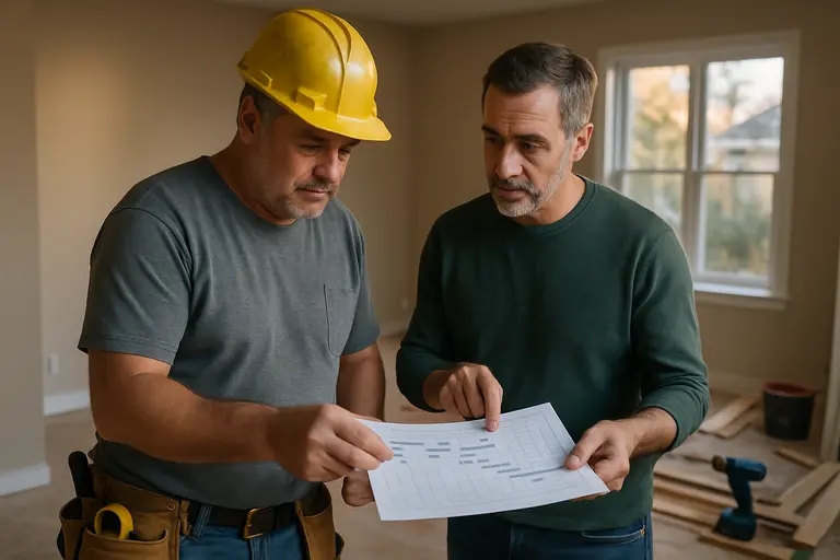 Contractor and homeowner reviewing a written project scope in a living room