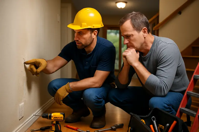 contractor discussing a home repair area with a homeowner indoors
