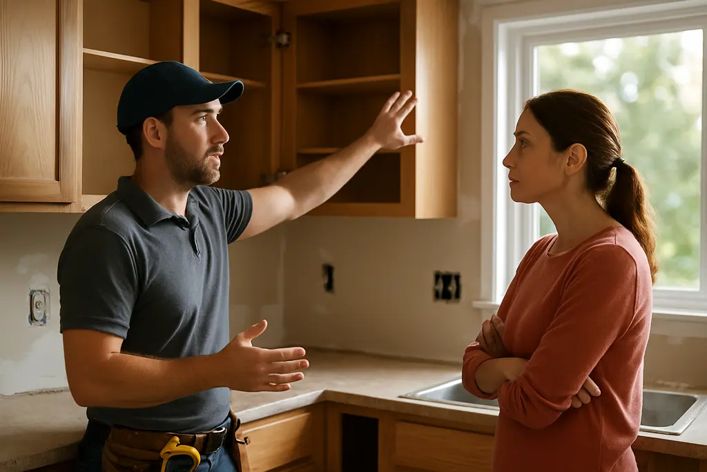 Homeowner reviewing home improvement labor costs with contractor estimates on a table