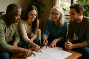 Homeowner reviewing plans and receipts for hybrid home projects at a kitchen table