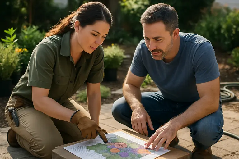 Landscape professional reviewing a patio plan with a homeowner outdoors