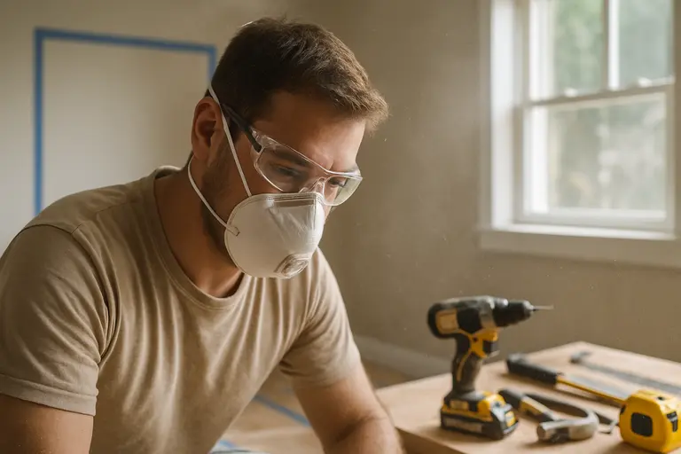 Safety glasses, gloves, hearing protection, and dust mask on a clean bench