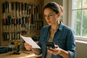 small-scale tools arranged on a workbench beside a home repair checklist