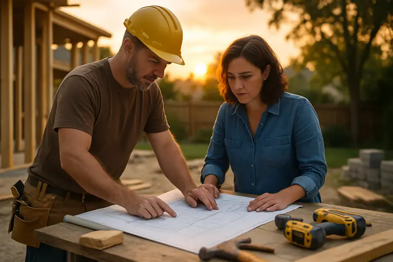 Contractor reviewing a backyard patio area before work begins
