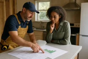 Energy Efficiency Remodeling plan with heat pump and charger estimates on a kitchen table