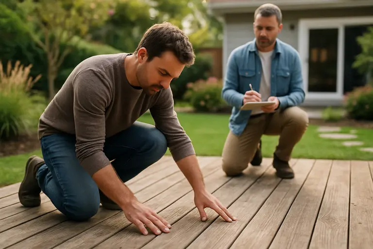 Homebuyer looking at stairs and railings on a backyard deck