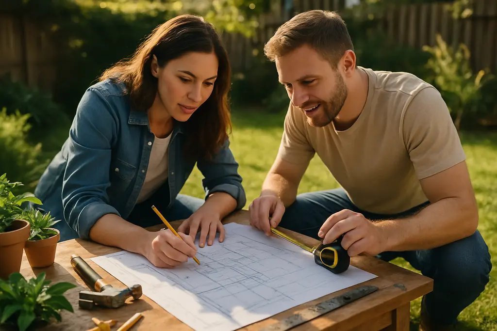 Homeowner reviewing hybrid home projects with tools and renovation notes on a table